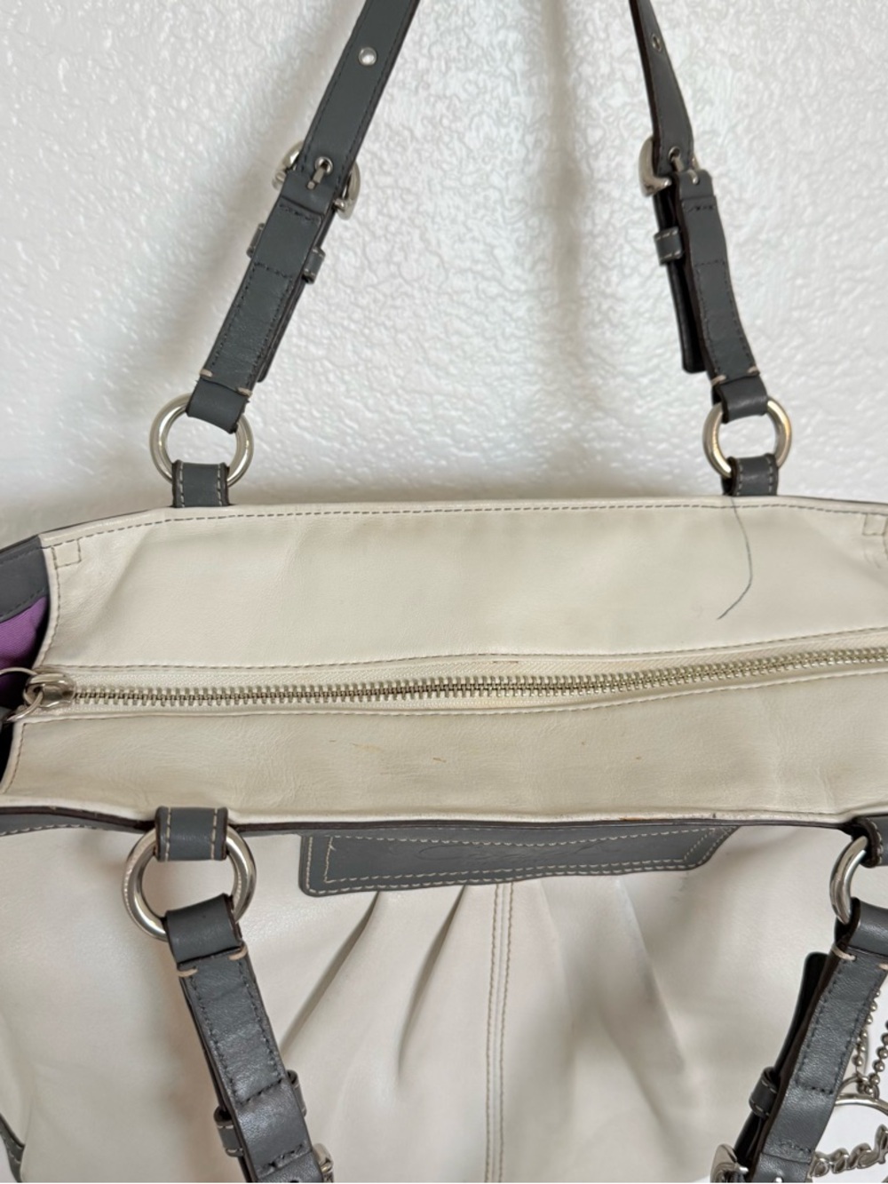 Coach F13759 East West Gallery Pleated Leather Shoulder Bag Cream Gray Tote - Picture 8 of 10